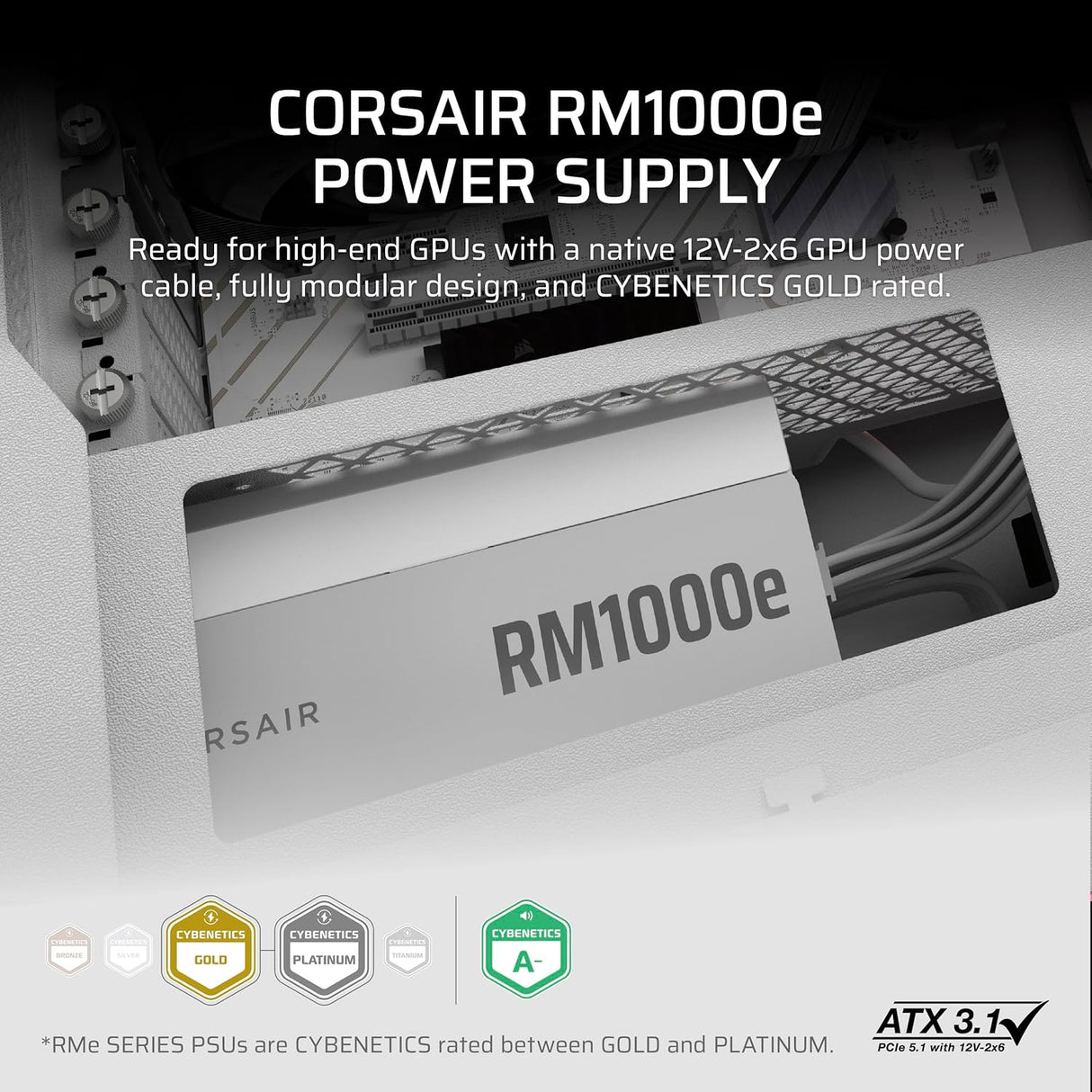 كورسير مزود طاقة RMe Series RM1000e معياري بالكامل، حاصل على شهادة 80 Plus Gold، منخفض الضوضاء، ATX - أبيض