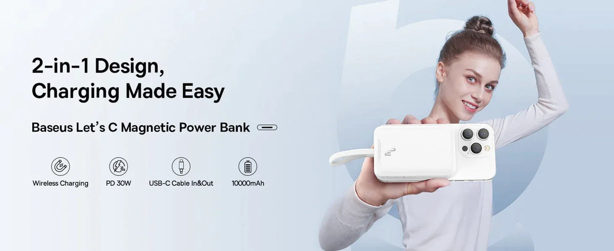 بنك طاقة لاسلكي مغناطيسي Baseus EnerFill FM11 بقوة 15 واط مع كابل USB-C مدمج، سعة 10000 مللي أمبير، قدرة 30 واط - أسود كوني
