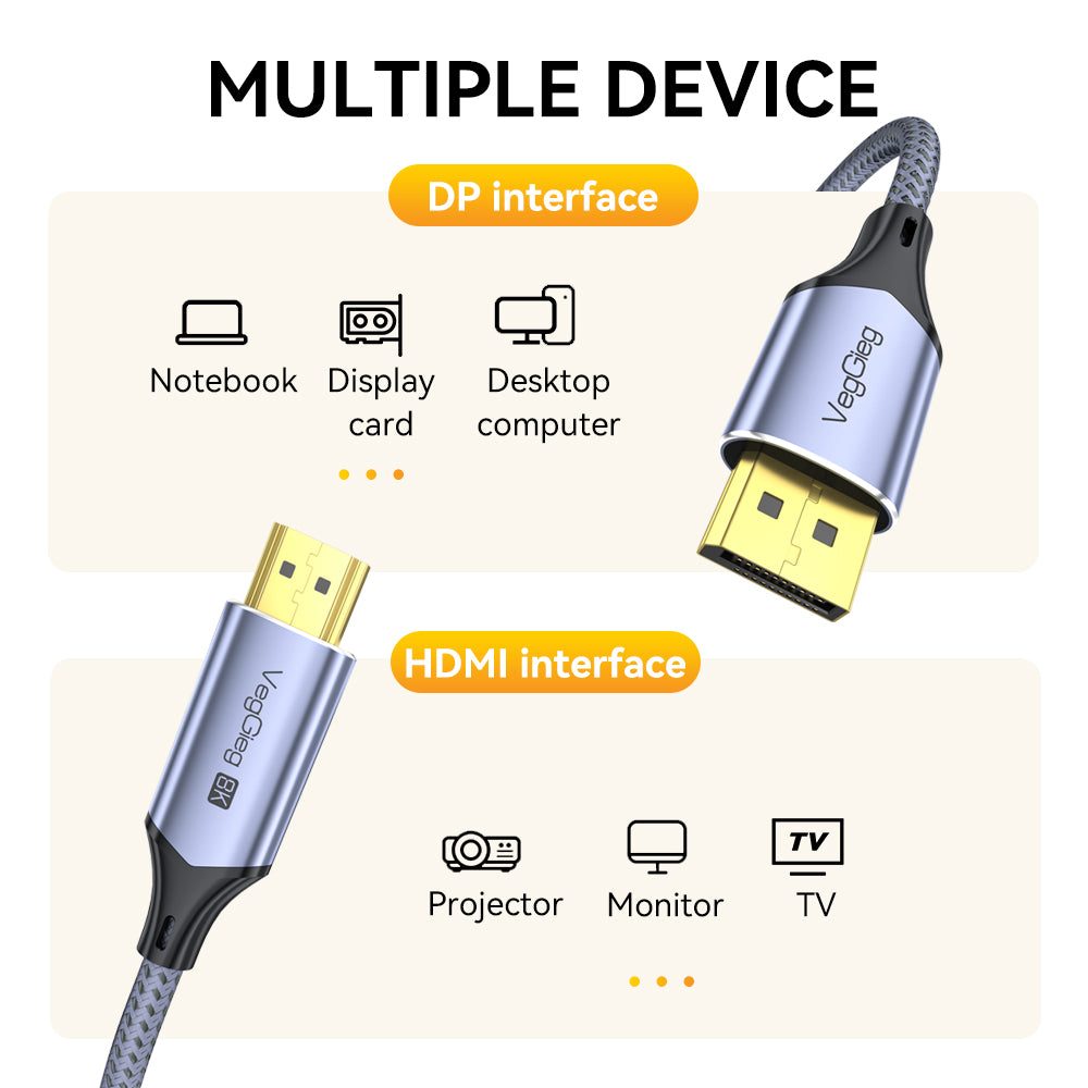 VegGieg DP to HDMI M/M 8K 2 meters Cable Model V-Z103