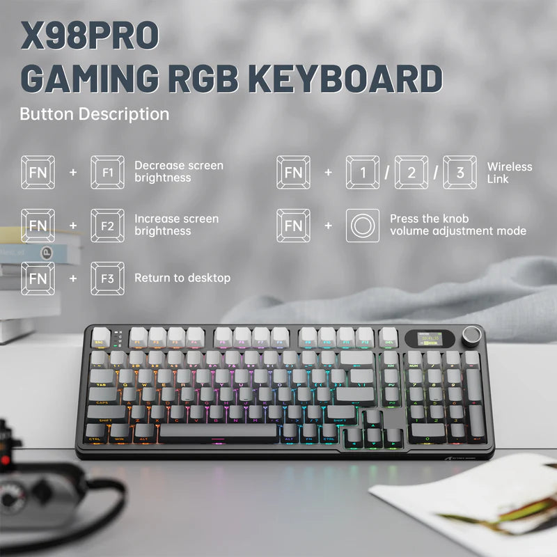 لوحة مفاتيح الألعاب ATTACK SHARK X98PRO بعدد 99 زرًا مع وضع اتصال ثلاثي، وشاشة عرض LED ملوّنة، ولوحة أرقام مدمجة - Gradient Black Blueberry Switch