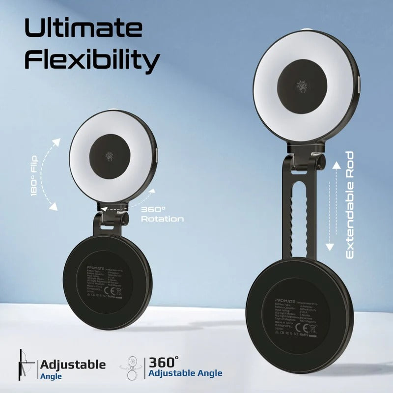 Promate 360° Rotatable Ultra-Slim MagSafe Compatible Rechargeable LED Ring Light - Grey