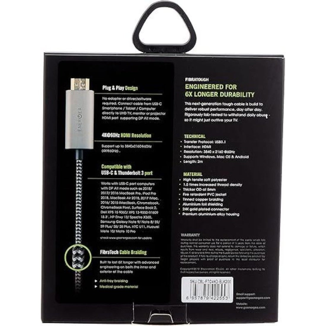 ENERGEA FIBRATOUGH, USB-C TO HDMI CABLE 4K@60HZ 2M - BLACK