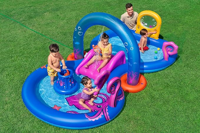 BESTWAY 3.30m x 1.88m x 1.17m Sea Odyssey Play Center (1 pool,1 arch sprinkler,1 slide, 1 basket, 2 Puffy Pal fish, 2 rackets, 4 play balls, repair patch) Age 2+ / 53167