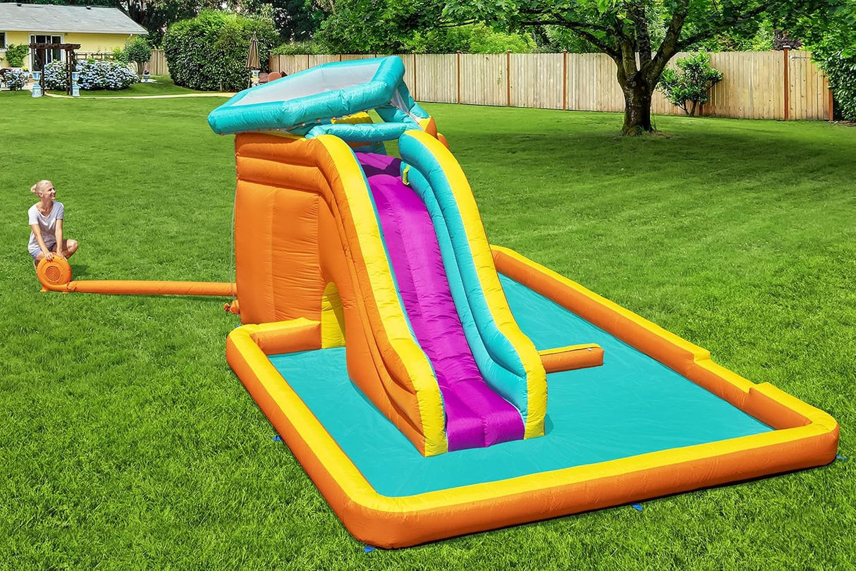 BESTWAY 5.65M X 3.73M X 2.65M TIDAL TOWER MEGA WATER PARK (Contents:1 slide, 1 blower(stakes included), 1 repair kit (multiple assorted patches), 1 storage bag,13 bouncer stakes, 1 waters spraying hose,) Age 5+ / 53385