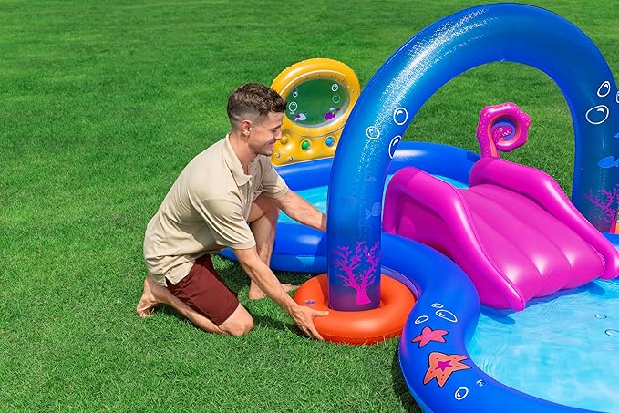 BESTWAY 3.30m x 1.88m x 1.17m Sea Odyssey Play Center (1 pool,1 arch sprinkler,1 slide, 1 basket, 2 Puffy Pal fish, 2 rackets, 4 play balls, repair patch) Age 2+ / 53167
