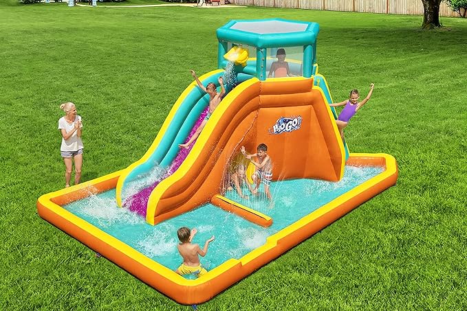 BESTWAY 5.65M X 3.73M X 2.65M TIDAL TOWER MEGA WATER PARK (Contents:1 slide, 1 blower(stakes included), 1 repair kit (multiple assorted patches), 1 storage bag,13 bouncer stakes, 1 waters spraying hose,) Age 5+ / 53385