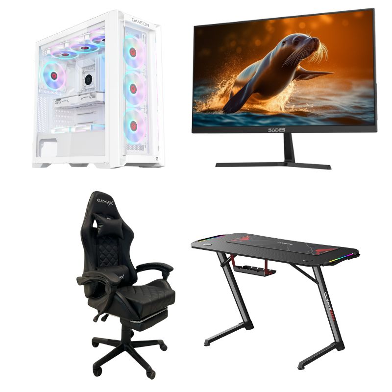 PC Gaming Bundle – Intel Core i5-14400F, RTX 5060 8GB, DDR5 16GB RAM, 1TB NVMe SSD, Windows 11 Pro With Monitor 24" FHD, 240Hz, 0.5ms, Chair & Table
