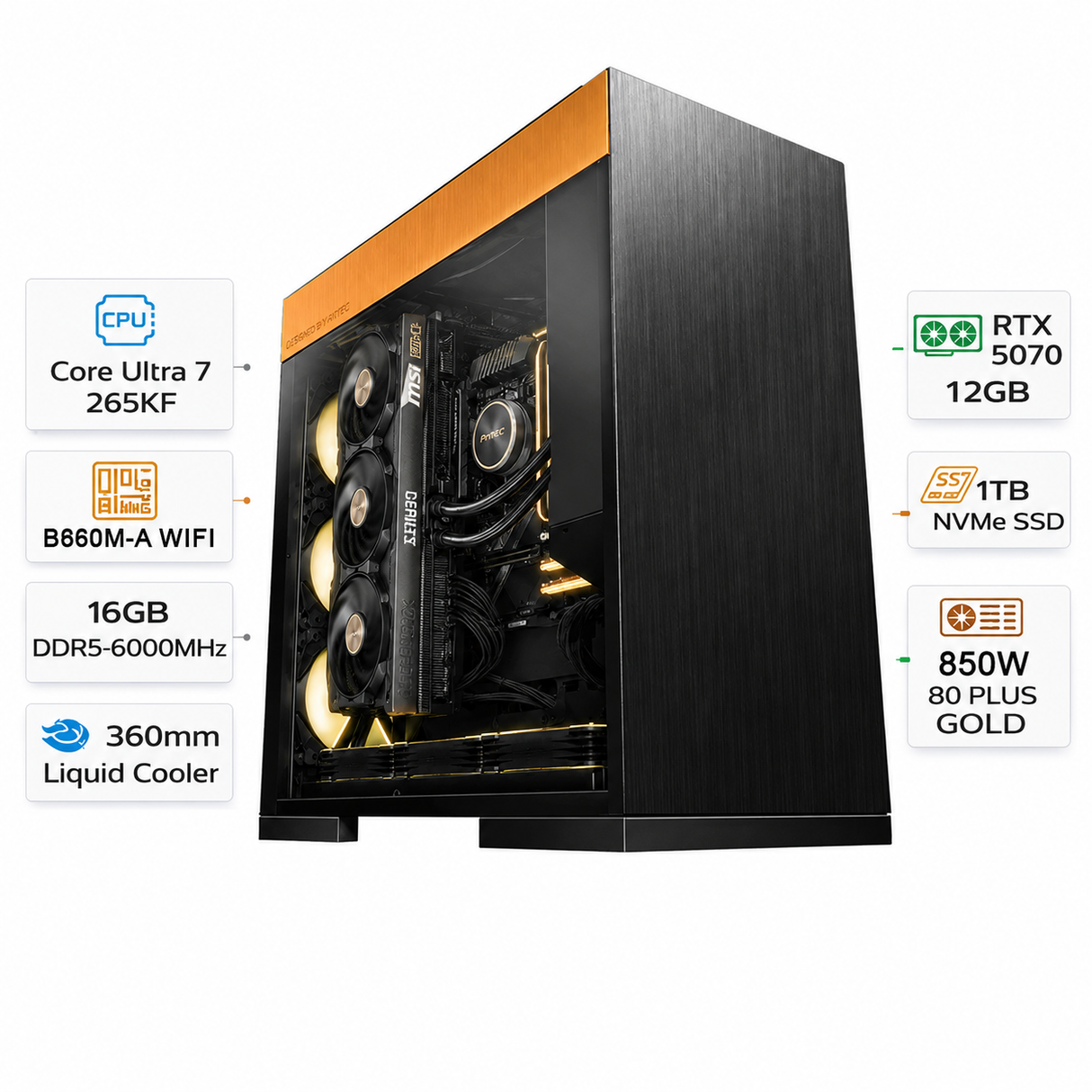 Custom Gaming PC Intel Core Ultra 7 265K, RTX 5070 12GB, 16GB DDR5 6000MHz RAM, 1TB SSD, Windows 11 Pro