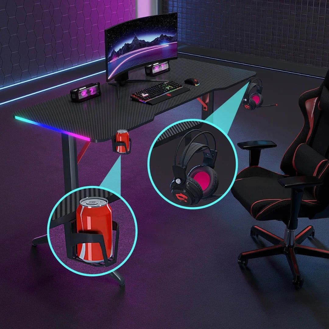 110cm RGB Carbon Fiber Gaming Desk Table with Cup & Speaker Holders - Black