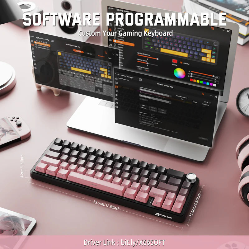 ATTACK SHARK X66 60% Wireless Mechanical Keyboard with Side Printed PBT Keycaps - Pink Blackberry