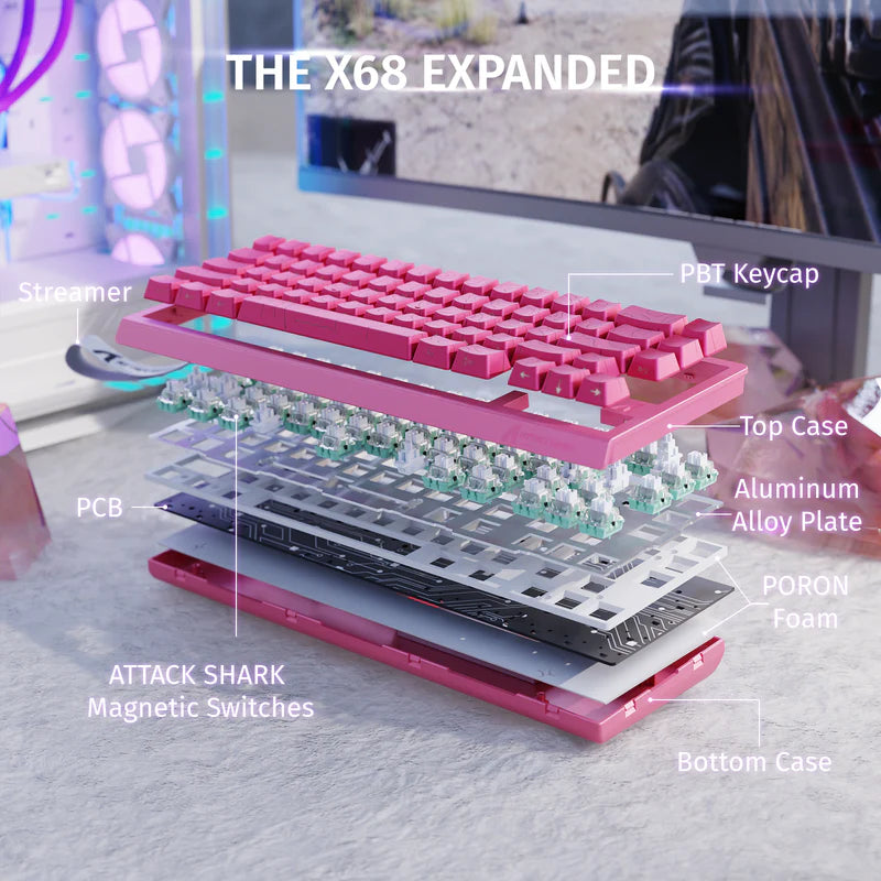 ATTACK SHARK X68 60% Wired 8KHz HE Rapid Trigger Keyboard (Magnetic Switch) - Pink Contours Pattern Shine