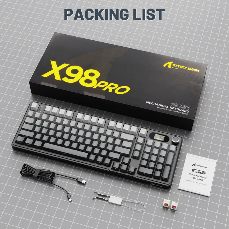 لوحة مفاتيح الألعاب ATTACK SHARK X98PRO بعدد 99 زرًا مع وضع اتصال ثلاثي، وشاشة عرض LED ملوّنة، ولوحة أرقام مدمجة - Gradient Black Blueberry Switch
