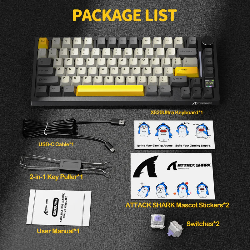 لوحة مفاتيح ميكانيكية ATTACK SHARK X820 Ultra Tri-Mode 75% Gasket - Star Black Moon Light + Shark Switch