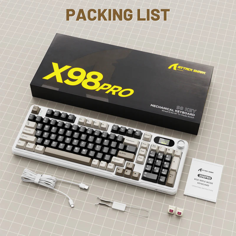 لوحة مفاتيح الألعاب ATTACK SHARK X98PRO بعدد 99 زرًا مع وضع اتصال ثلاثي، وشاشة عرض LED ملوّنة، ولوحة أرقام مدمجة - Cheese White Blueberry Switch