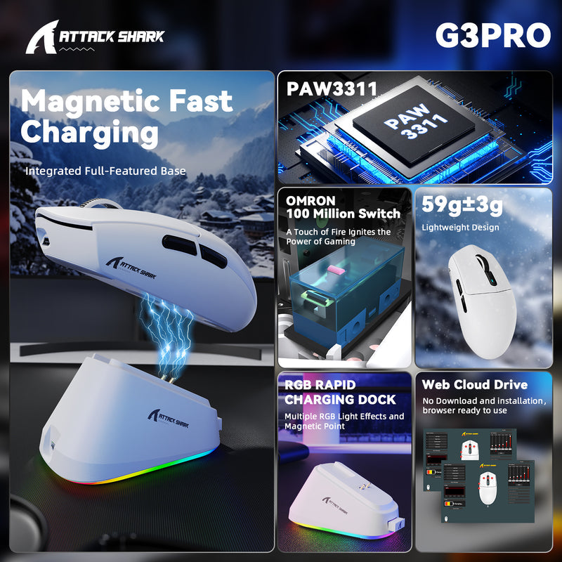 ATTACK SHARK G3Pro Tri-Mode Wireless Gaming Mouse with Charge Dock with Charge Dock 25000 DPI - White