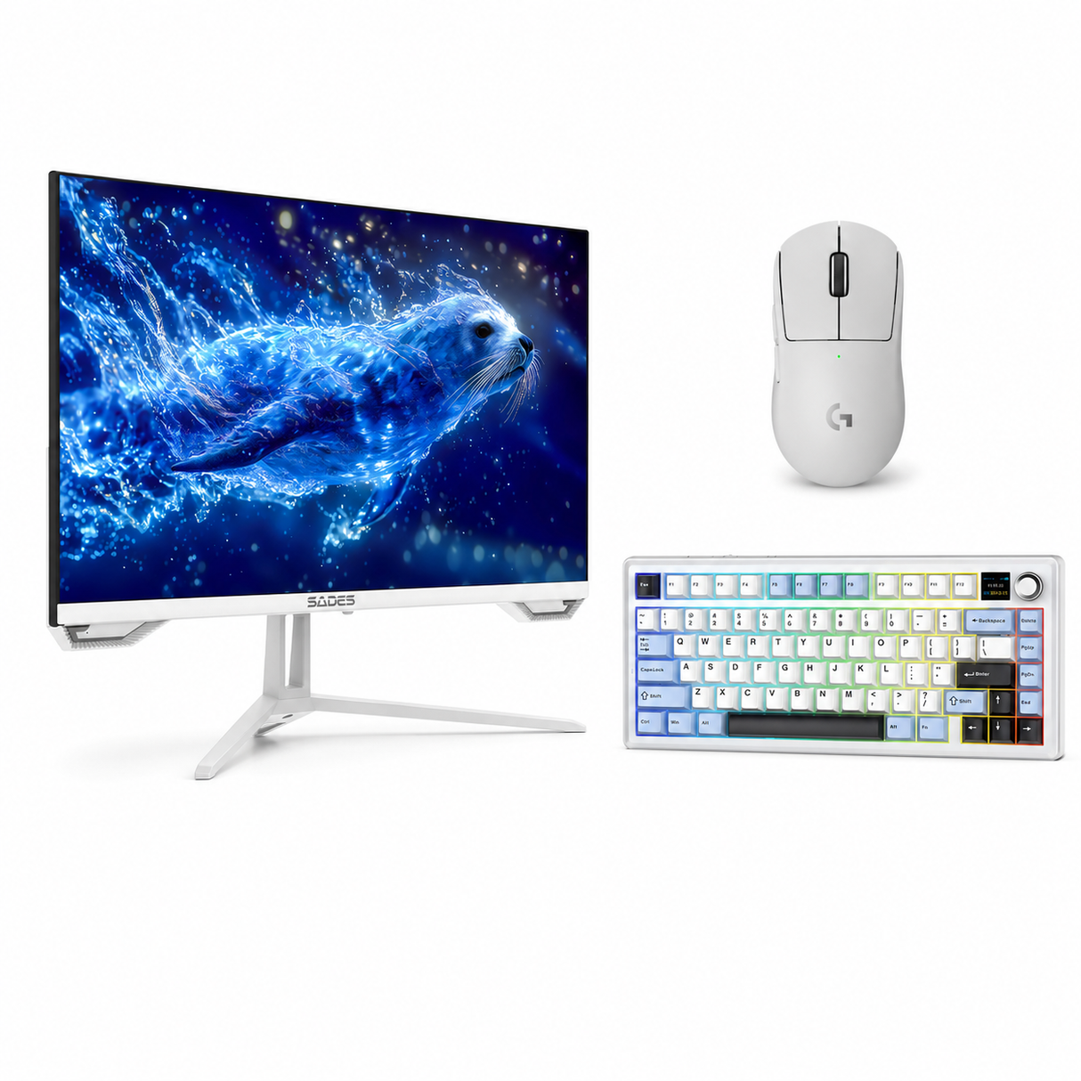 AULA F75MAX 75% Layout Ultimate White Blue Wireless Mechanical Keyboard With White Sades SL-Sealion Pro SA-F04F24W, 24" FHD 1920x1080, 144Hz, 1 ms, IPS, Flat Gaming Monitor & Logitech White Pro X Superlight 2 Gaming Mouse Special Bundle