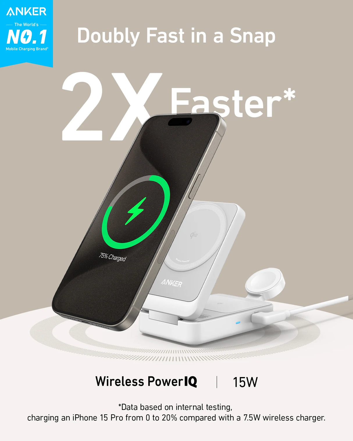 Anker MagGo Wireless Charging Station (3-in-1, Foldable Pad) with Adapter and Cable -Black