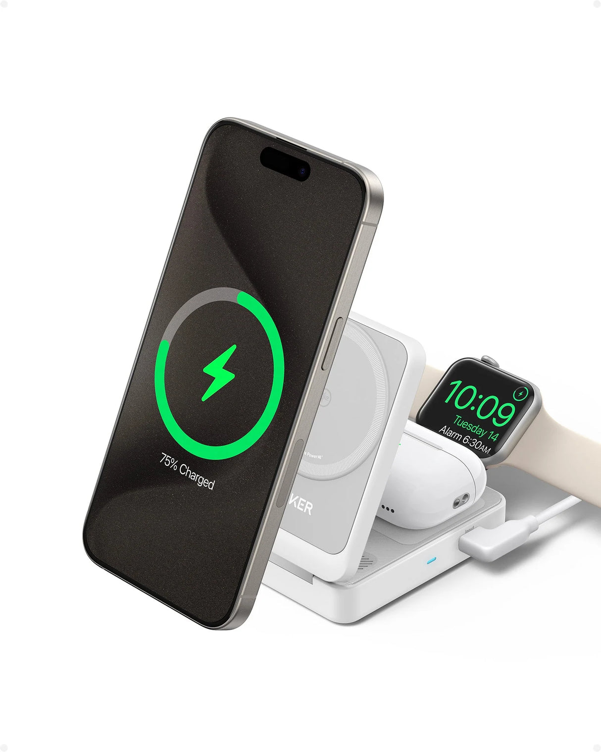 Anker MagGo Wireless Charging Station (3-in-1, Foldable Pad) with Adapter and Cable -Black