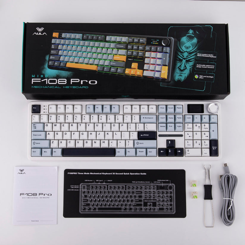 AULA F108 PRO 100% full Size with 108 Hot-Swappable Keys Wireless Gaming Keyboard with Screen , Knop & LEOBOG Nimbus Switch V3 - White Blue
