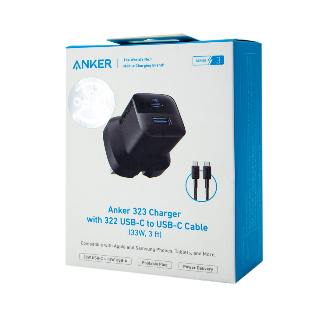 Anker 323 Charger with 322 USB-C to USB-C Cable (33W , 3ft) -Black B2331K11