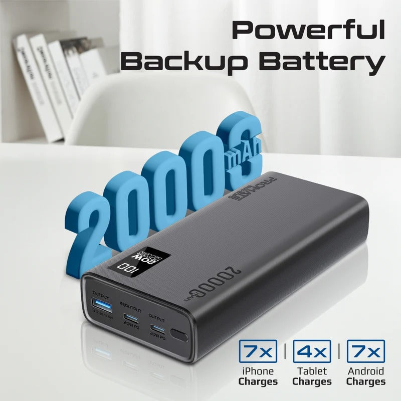 بروميت بنك الطاقة الذكي المدمج BOLT-20PD مزود بمنفذي USB-C بقوة 20 واط بتقنية الشحن السريع PD ومنفذي USB-A بقوة 22.5 واط - اسود