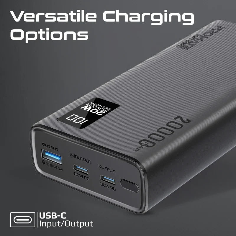بروميت بنك الطاقة الذكي المدمج BOLT-20PD مزود بمنفذي USB-C بقوة 20 واط بتقنية الشحن السريع PD ومنفذي USB-A بقوة 22.5 واط - اسود