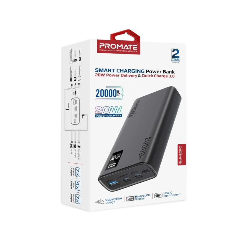 بروميت بنك الطاقة الذكي المدمج BOLT-20PD مزود بمنفذي USB-C بقوة 20 واط بتقنية الشحن السريع PD ومنفذي USB-A بقوة 22.5 واط - اسود