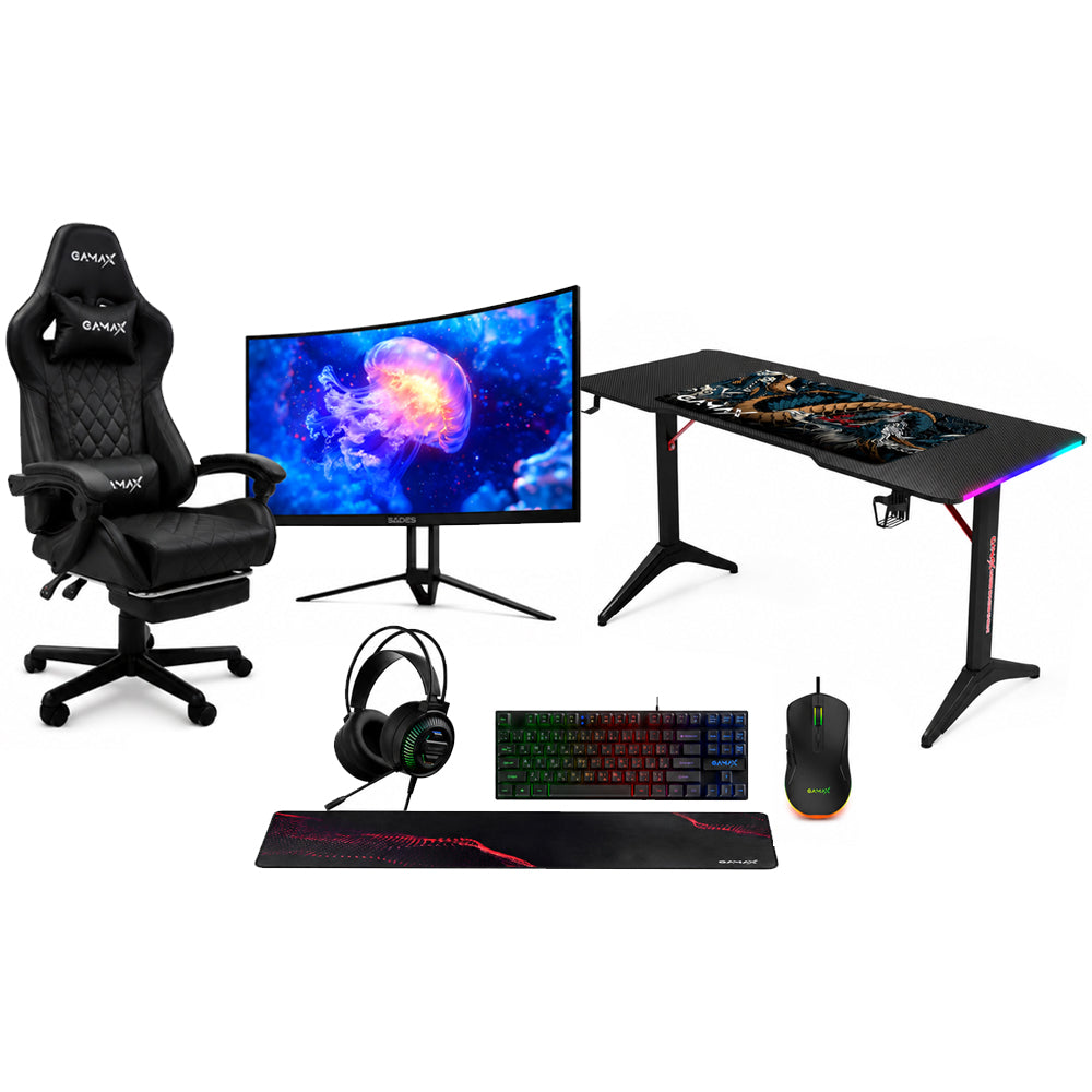 Gamax RGB Black Table 120*60*74 with Black Chair , Sades 24" FHD Monitor & Gamax Gaming Accessories Bundle