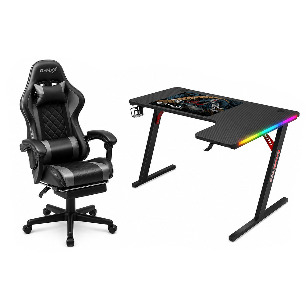 Gamax L Shape RGB Black Table 140*100*74 With Gray Chair Gaming Furniture Bundle