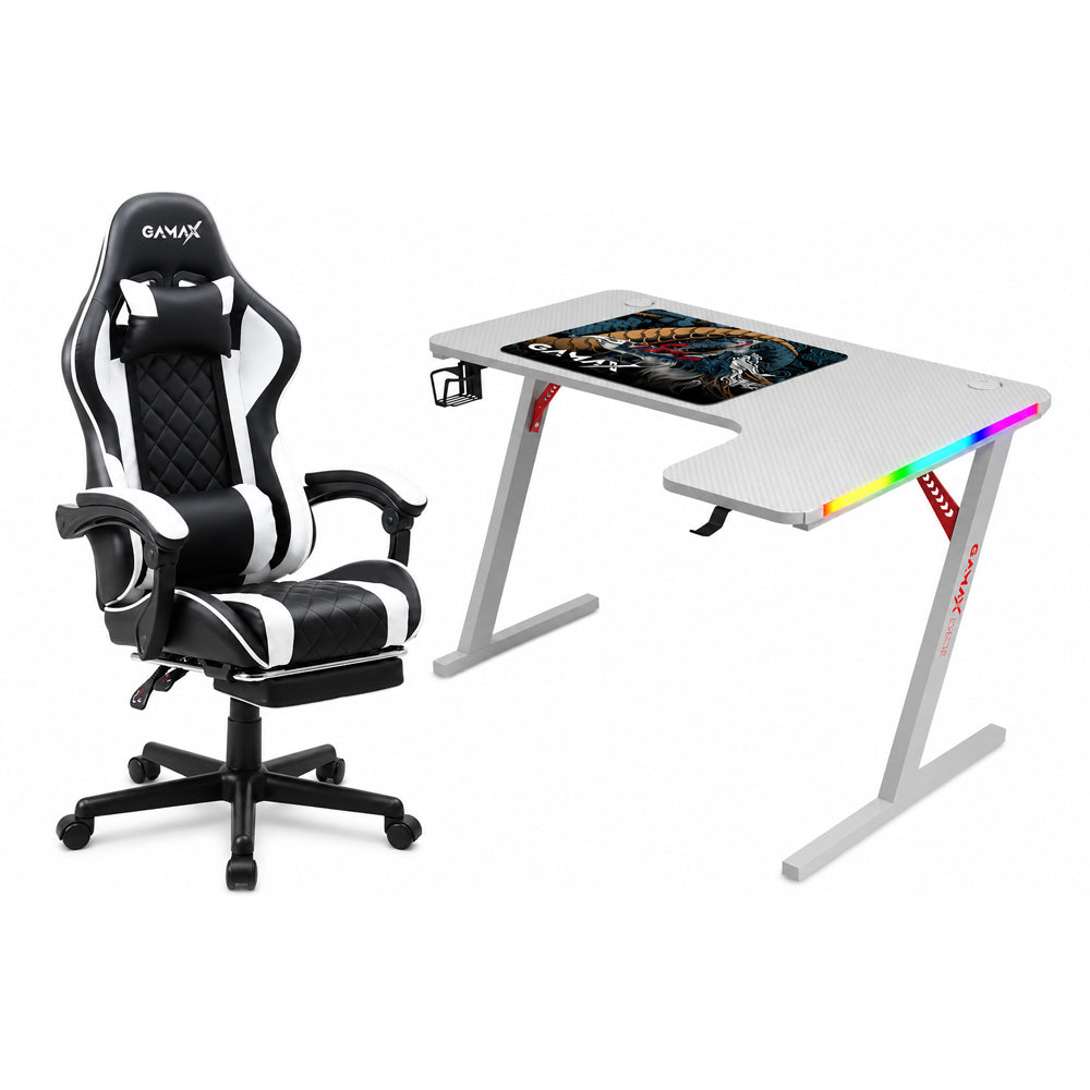 Gamax L Shape RGB White Table 140*100*74 With White Chair Gaming Furniture Bundle