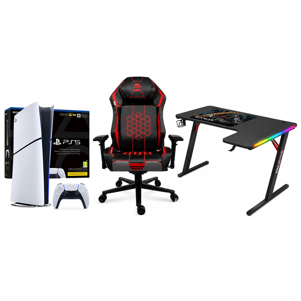PlayStation Bundle Digital Console 825GB with Gamax L Shape RGB Black Table 140*100*74 & Black Bull Full Molded Foam Gaming Chair