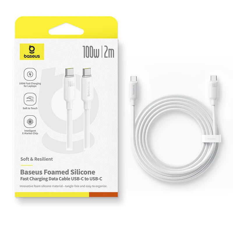 كابل بيسيوس سيليكون رغوي للشحن السريع ونقل البيانات USB-C إلى USB-C بقدرة 100 واط وطول 2 متر – أبيض قمري