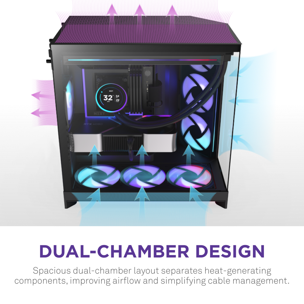 NZXT H9 Flow RGB+ 2025 Dual Chamber Mid Tower Case With RGB Fans & Control Hub - Black