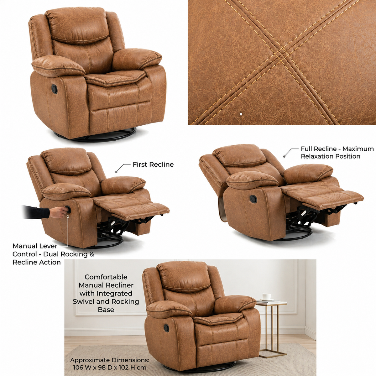 Lounge Swivel Rocking Full Recliner Sofa (106 x 98 x 102 cm)4766 - Light Brown