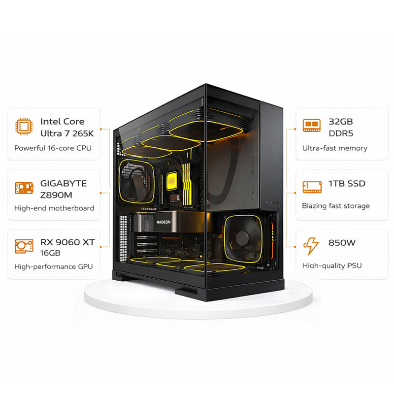 Custom Gaming PC Intel Core Ultra 7 265K, RX 9060 XT 16GB, 32GB DDR5, 1TB NVMe, Windows 11 Pro