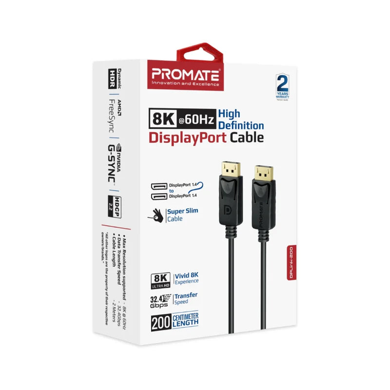 كابل بروميت DisplayPort عالي الدقة بدقة 8K@60Hz بطول 2 متر