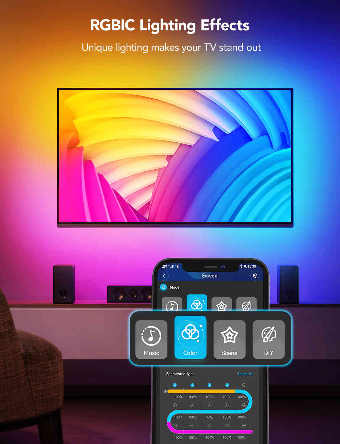 GOVEE RGBIC NEON TV BACKLIGHT, SUITABLE FOR 45-55-INCH (FOUR SIDES), 65-75 (THREE SIDES) - H61B2