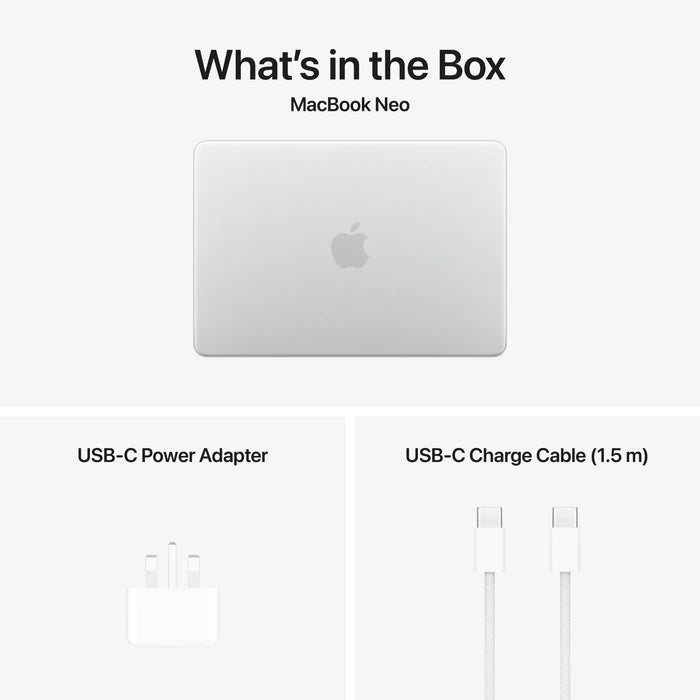 Apple MacBook Neo - 13"/ A18 Pro / 6-core CPU / 5-core GPU / 16 Core Neural Engine / 8GB RAM / 256GB SSD / English - Arabic Keyboard Without Touch ID Silver -1YW / MHFA4AB