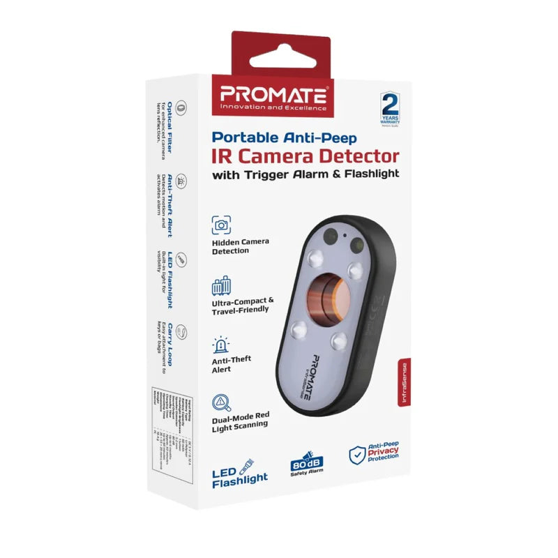 Promate InfraSense Portable Hidden Camera Detector with Infrared Lens Detection, Red Light Scanner, 80dB Anti-Theft Alarm, Emergency Siren