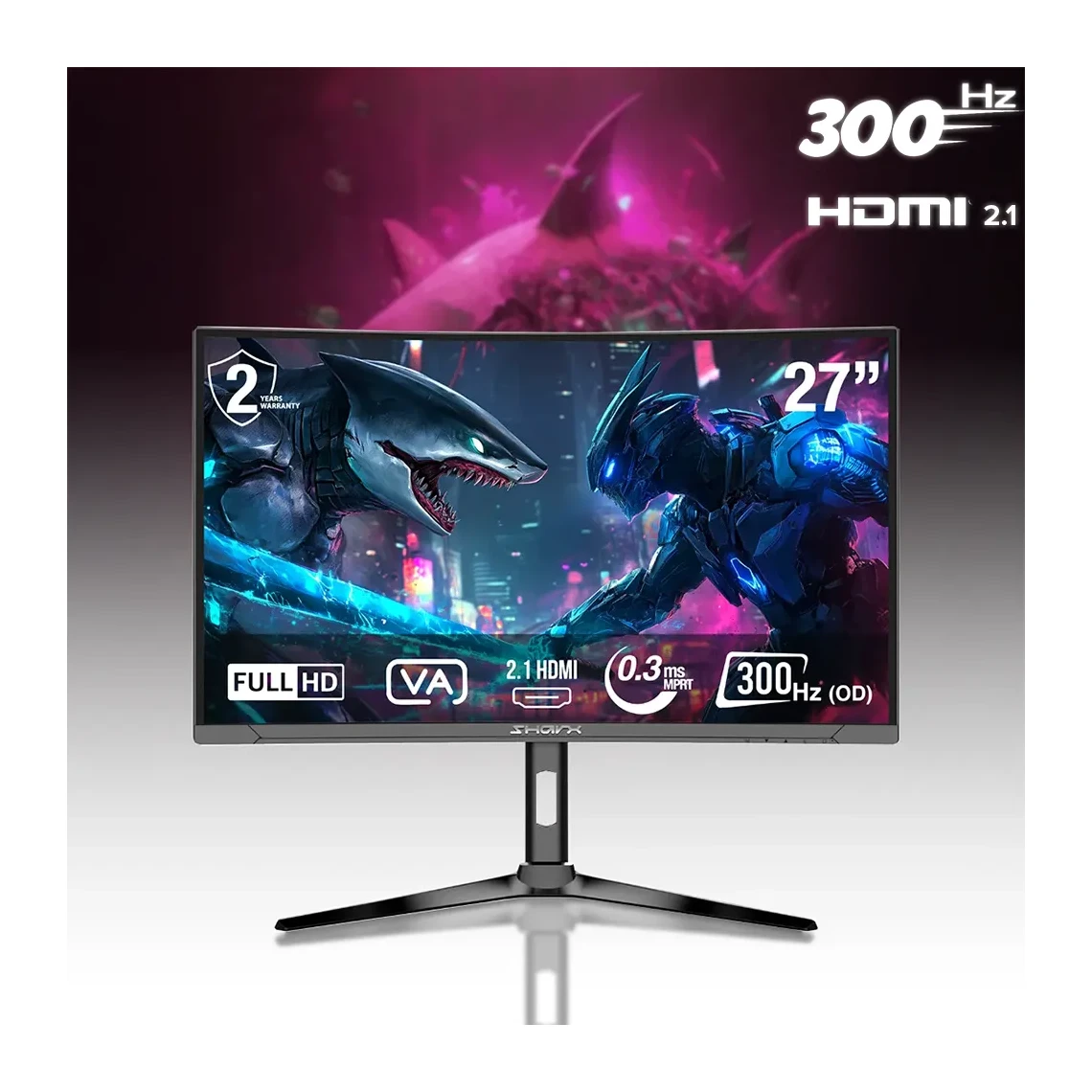 Sharx Jaws 27F300VC, شاشة ألعاب منحنية VA, دقة FHD 1080, زمن استجابة 0.3ms, معدل تحديث 300Hz, HDMI 2.1
