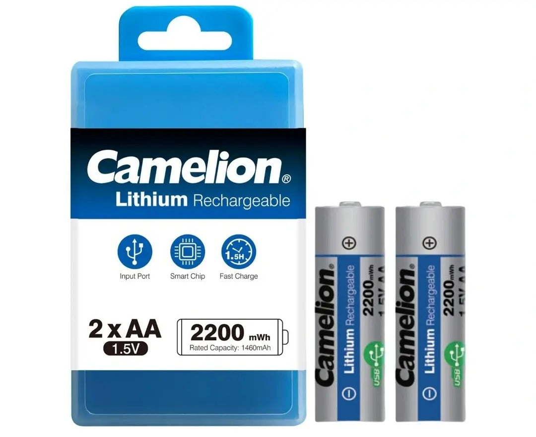 CAMELION Rechargeable lithium Battery: Type-C input Battery UB-AA2200-PBH2 ( 2pcs/box+10cm Type A to Type C x 2 cable ) 1.5V Lithium AA Rechargeable - 1460mah / 2200mWh 782-946