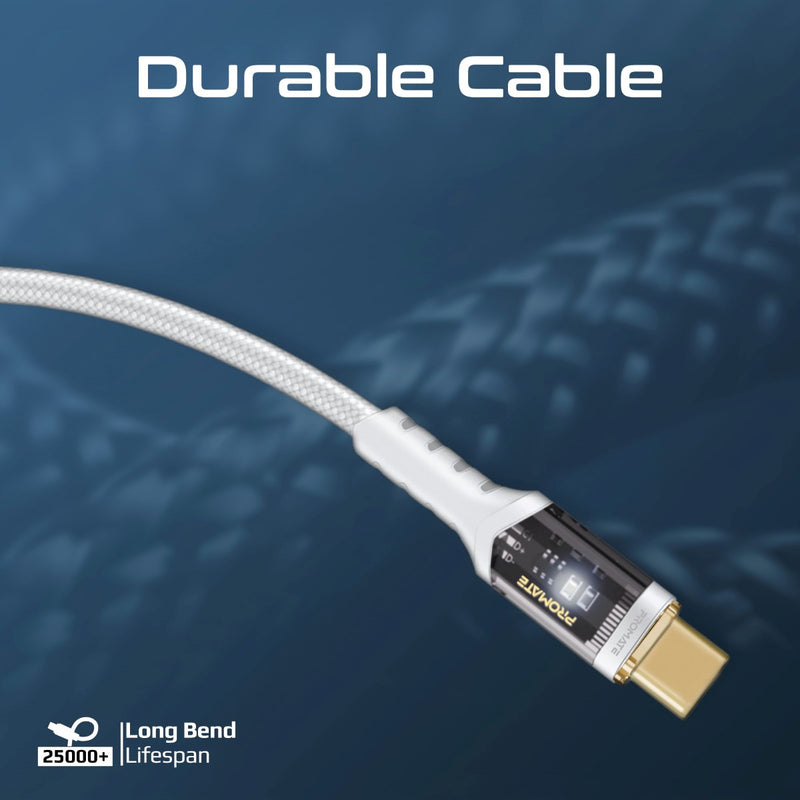 Promate LucidLine-CC200 100W Power Delivery Ultra-Fast USB-C Cable with Transparent Shells - WHITE