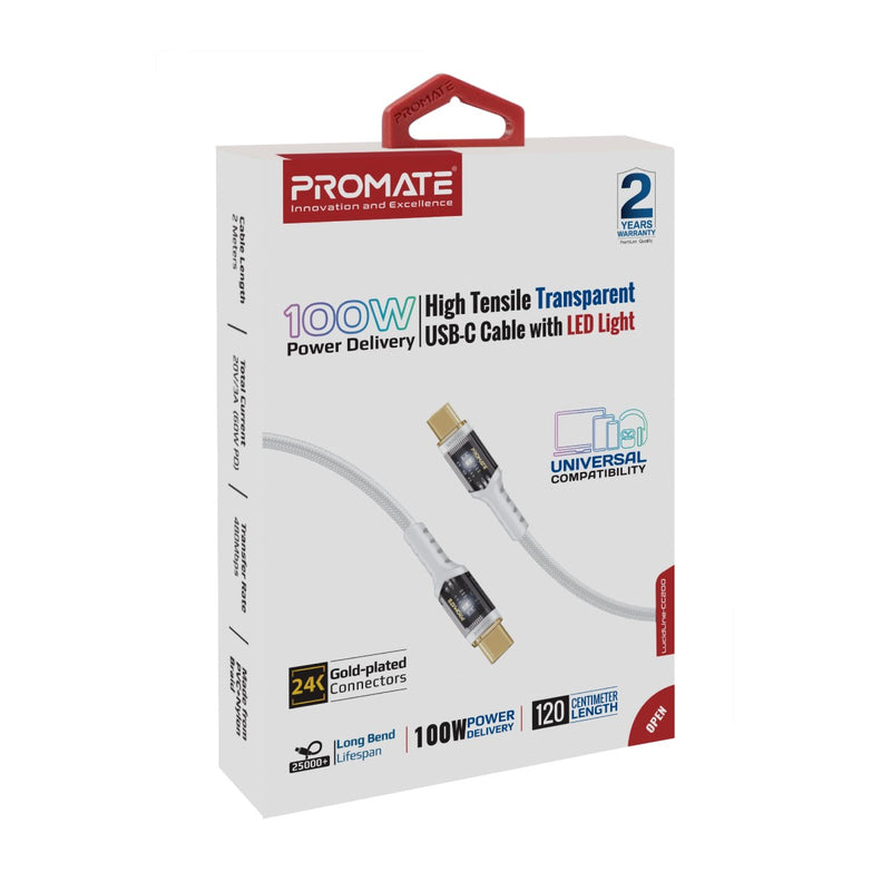 Promate LucidLine-CC200 100W Power Delivery Ultra-Fast USB-C Cable with Transparent Shells - WHITE