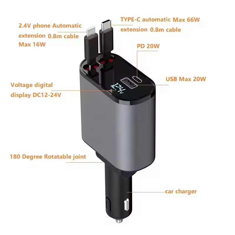 4-in-1 Fast Car Charger with Retractable Cables & PD Fast Charging for Mobiles