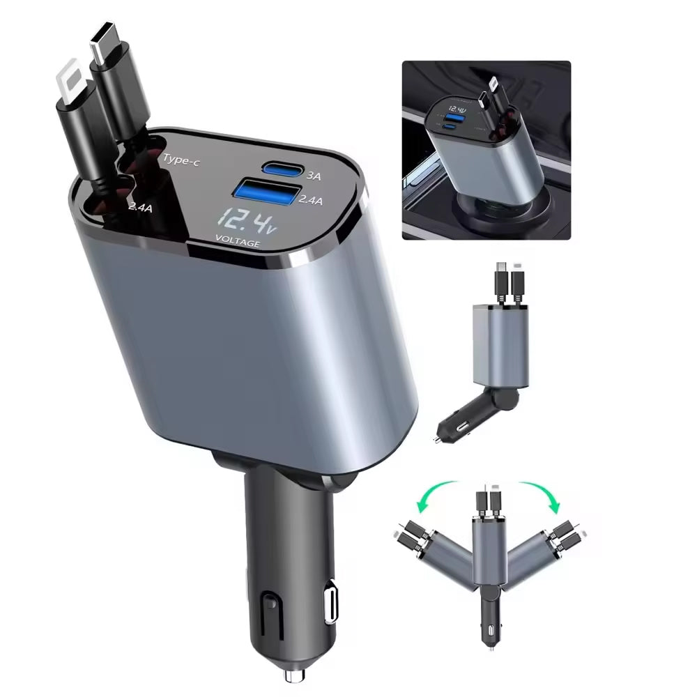 4-in-1 Fast Car Charger with Retractable Cables & PD Fast Charging for Mobiles