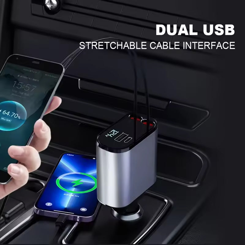 4-in-1 Fast Car Charger with Retractable Cables & PD Fast Charging for Mobiles