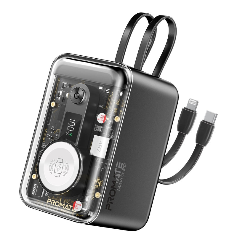 Promate 20000mAh Multi-Device Charging Transparent Smartphone and Apple Watch Power Bank with USB-C & Lightning Cable - Black