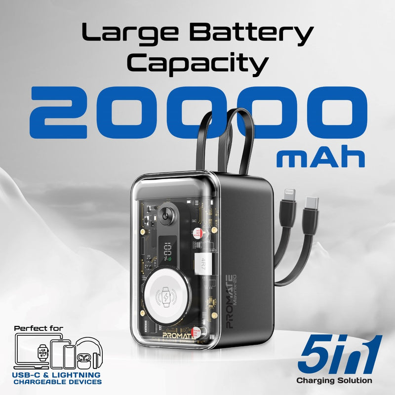 Promate 20000mAh Multi-Device Charging Transparent Smartphone and Apple Watch Power Bank with USB-C & Lightning Cable - Black