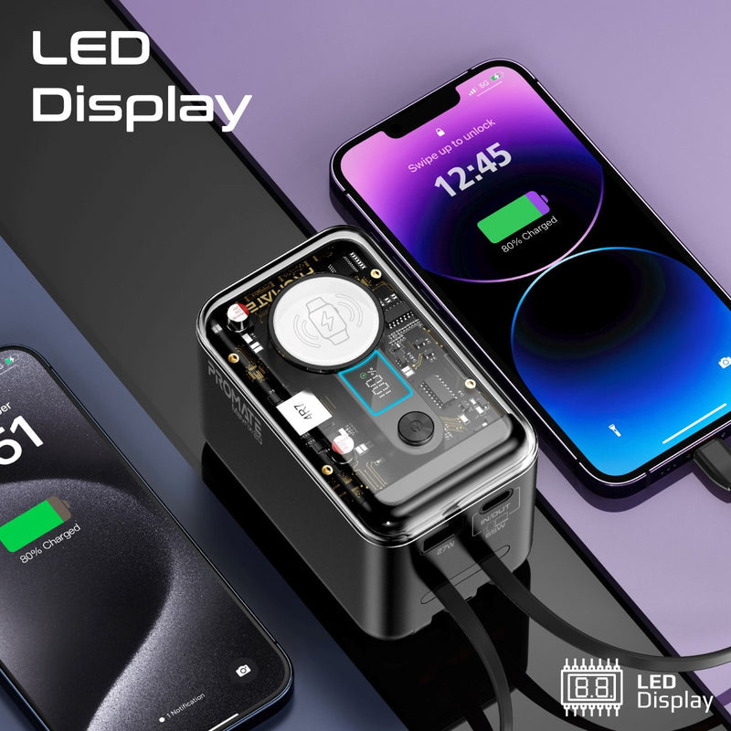 Promate 20000mAh Multi-Device Charging Transparent Smartphone and Apple Watch Power Bank with USB-C & Lightning Cable - Black