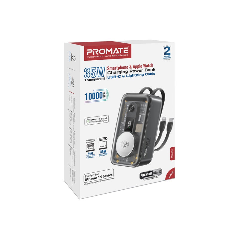 Promate 10000mAh Transparent Smartphone and Apple Watch Charging Power Bank with USB-C & Lightning Cable - Black
